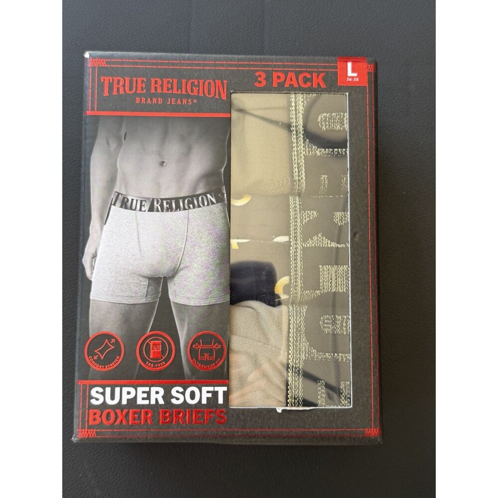 True Religion Mens Boxer Briefs Large 36-38 3 Pack Red Gray Black Soft New